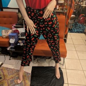 Hell Bunny Black and Red Cherry Patterned Ankle Length Pants
